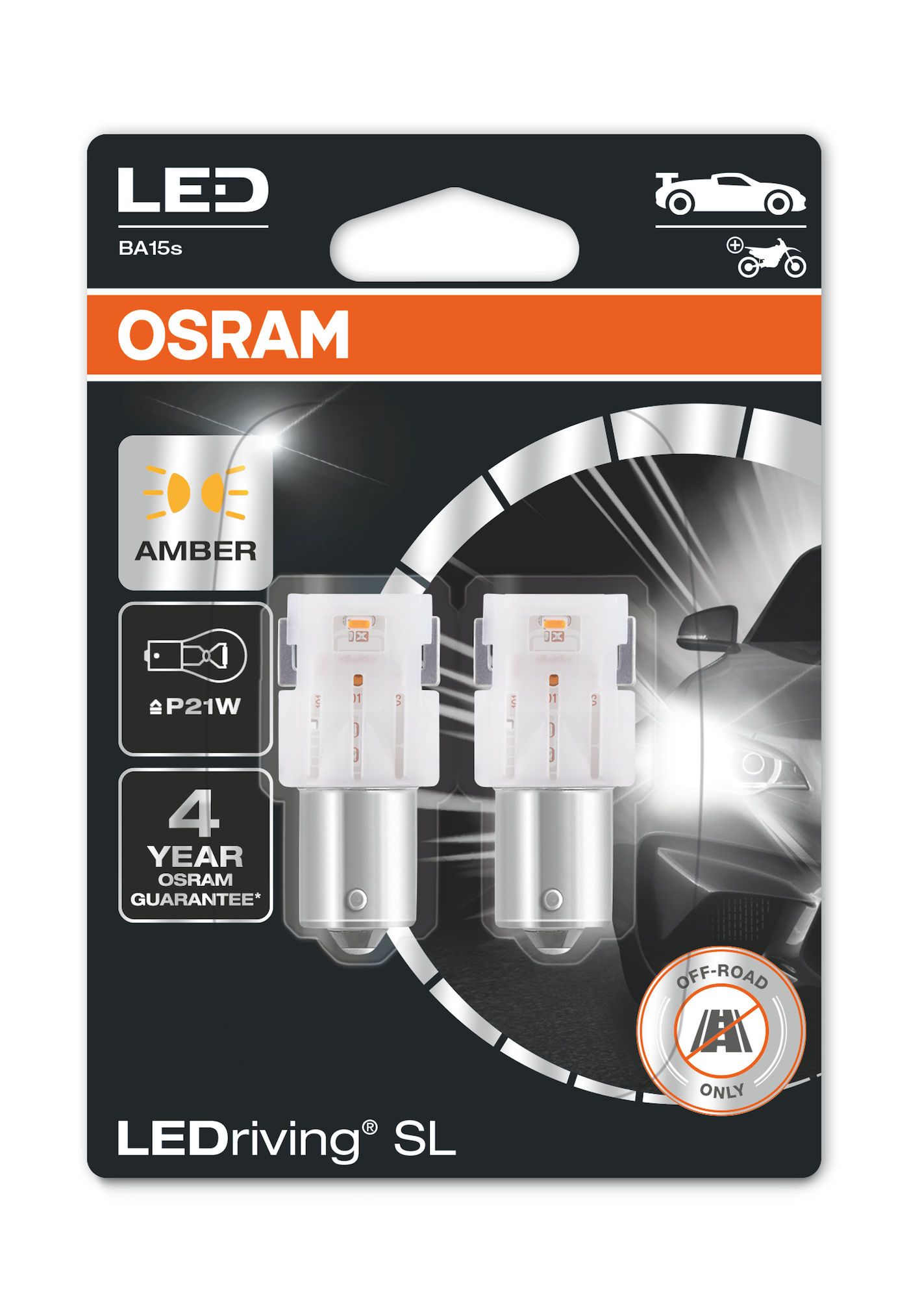 BA15s LED-polttimopari, keltainen, Osram LEDriving SL
