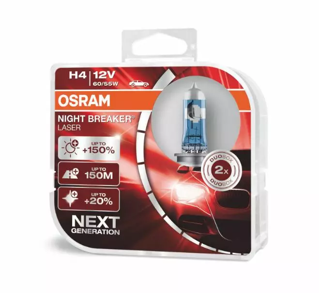 H4 Osram Night Breaker Laser +150%, 60/55W 12V, 2kpl - H4 Halogen-polttimot - 8020100028 - 1